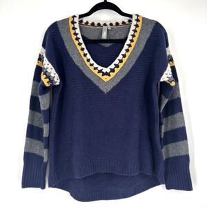 Shae NY Women's Cashmere‎ Wool Crochet Trim Knit Pullover Sweater Navy Medium